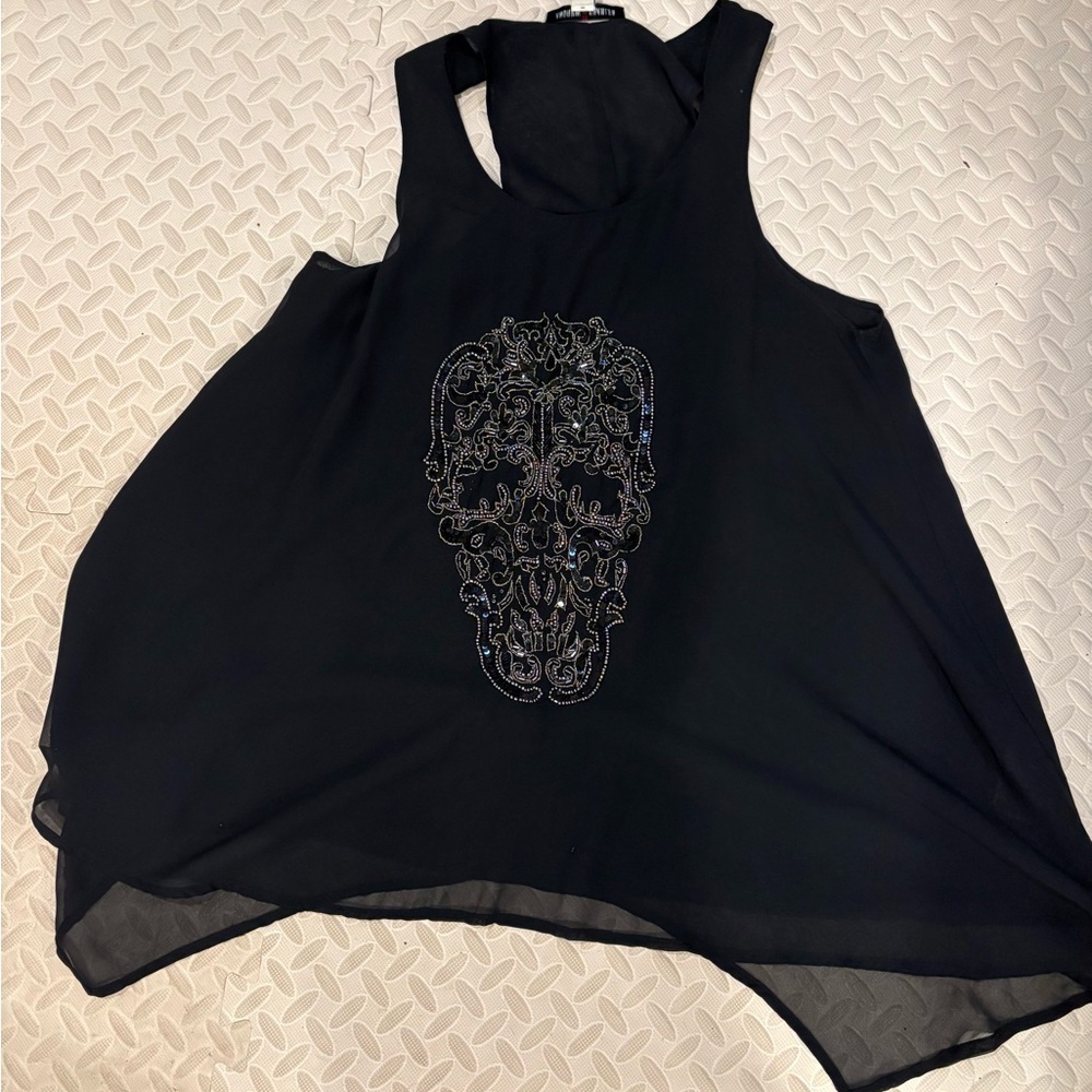 Andrew Charles beaded skull chiffon tank top black L whimsigoth biker